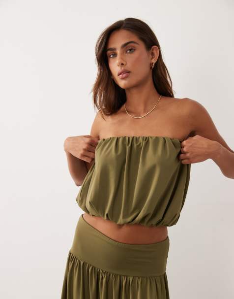 ASOS DESIGN co-ord top met bubbelzoom en drapering, bandeau, in kaki - view 1