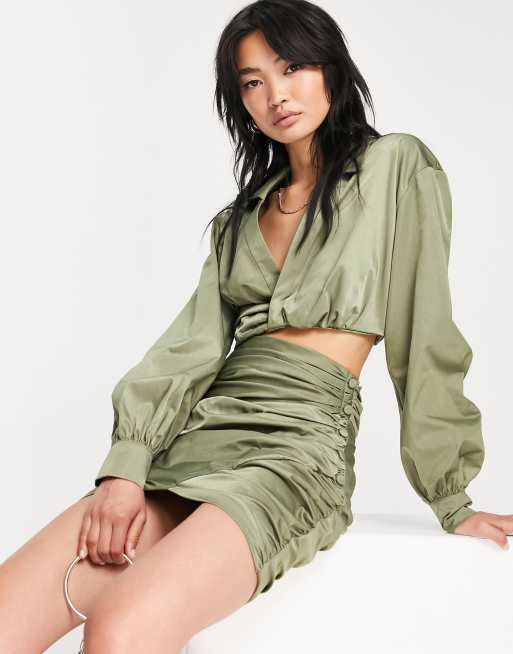 ASOS DESIGN Co ord twist detail top with collar detail and ruched wrap mini skir, 2 of 3