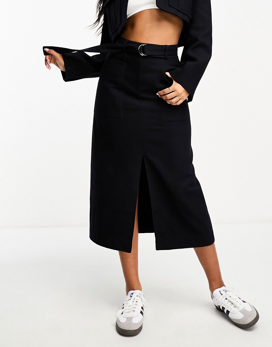 ASOS DESIGN co-ord utility midi skirt with wool in navy