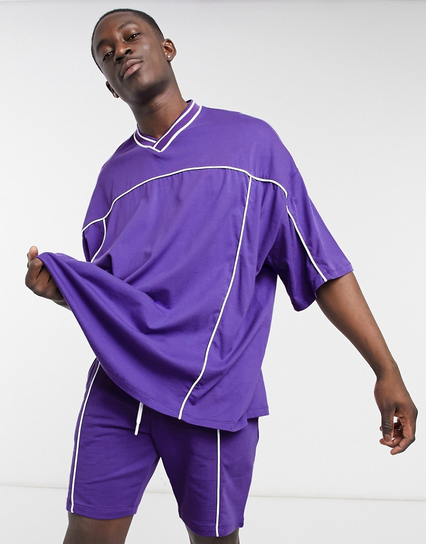 ASOS DESIGN co-ord v neck cut and sew t-shirt in heavyweight-Purple