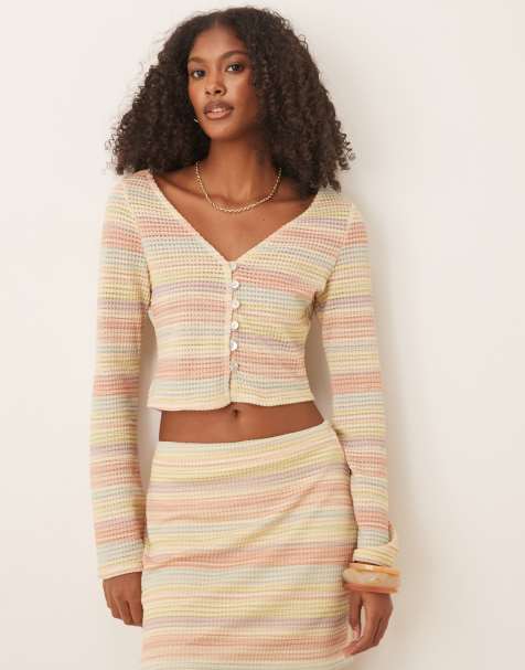 ASOS DESIGN co-ord v neck flared sleeve button down top in multi stripe - view 1