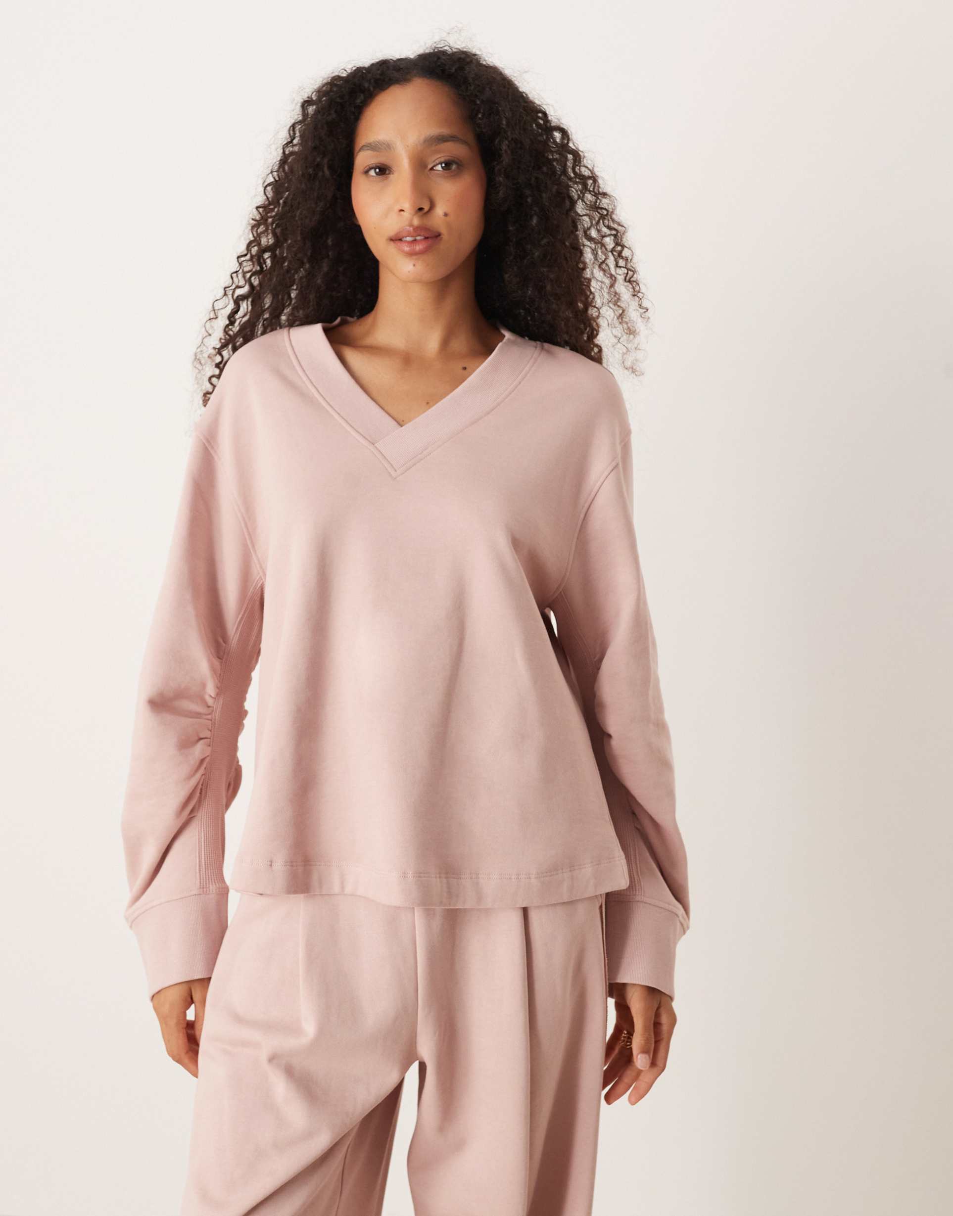 ASOS DESIGN co-ord v neck sweatshirt with waffle panel detail in pink
