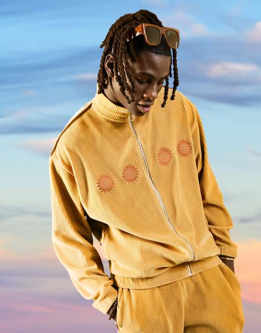 ASOS DESIGN co ord velour cord oversized track jacket with chest embroidery in beige
