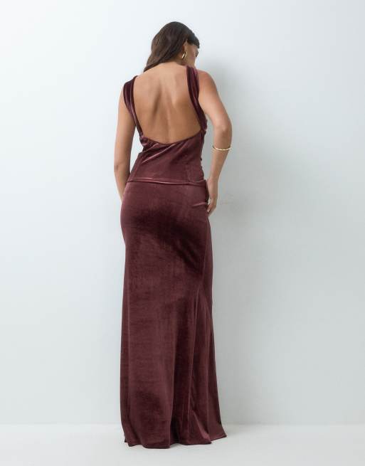 ASOS DESIGN co-ord velvet embroidery detail drape maxi skirt in brown, 5 of 5