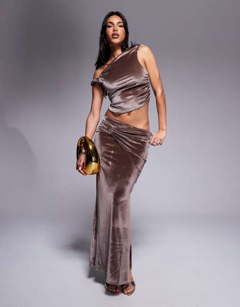 ASOS DESIGN co-ord velvet twist off shoulder top and maxi skirt in mink - view 1