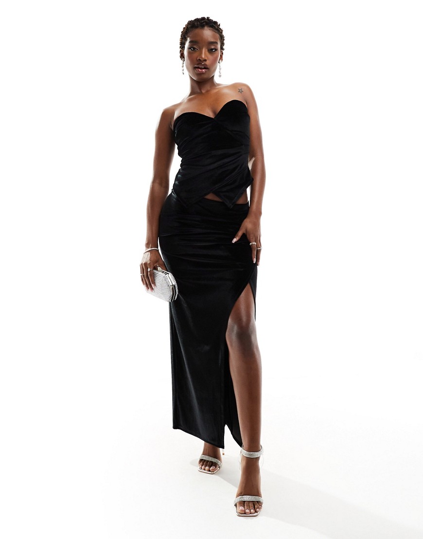 ASOS DESIGN co-ord velvet wrap midi skirt with split in black