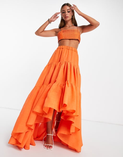 ASOS DESIGN co ord voile tiered maxi skirt with high low hem in orange