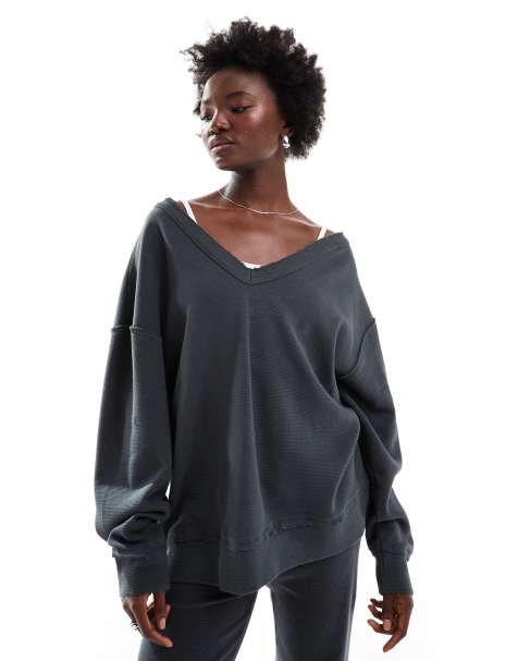 ASOS DESIGN co-ord waffle oversized off shoulder v neck sweatshirt in washed charcoal - view 1