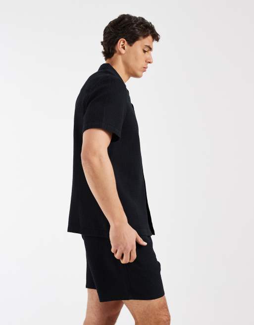 ASOS DESIGN co-ord waffle textured mid length shorts in black, 3 of 5