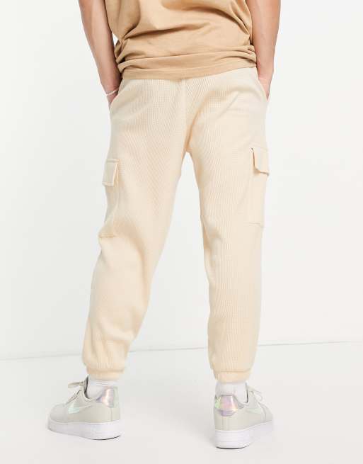 ASOS DESIGN co ord waffle wide leg cargo joggers in beige ASOS