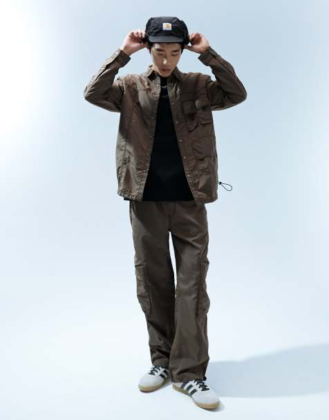 ASOS DESIGN co-ord wide cargo trouser in washed brown nylon - view 1