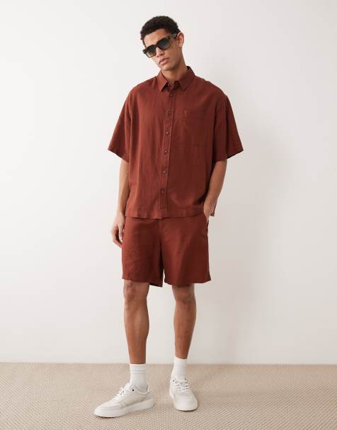 ASOS DESIGN co-ord wide fit linen blend shorts in mid length in brown - view 1