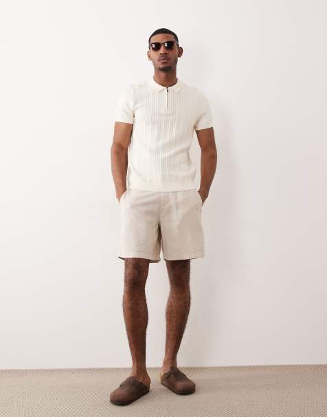 ASOS DESIGN co-ord wide fit linen blend shorts in mid length in stone - view 1