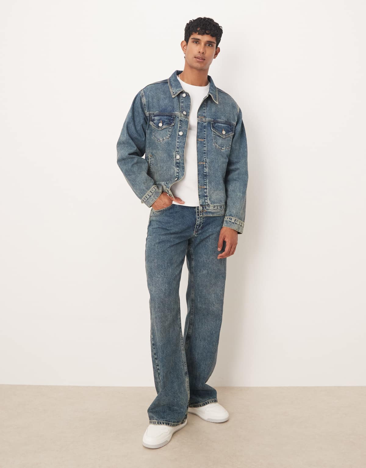 ASOS DESIGN co-ord wide flare jeans in mid wash blue with yellow tint