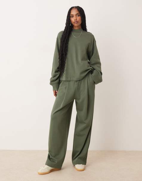ASOS DESIGN co-ord wide leg jogger with waffle panel detail in khaki - view 1