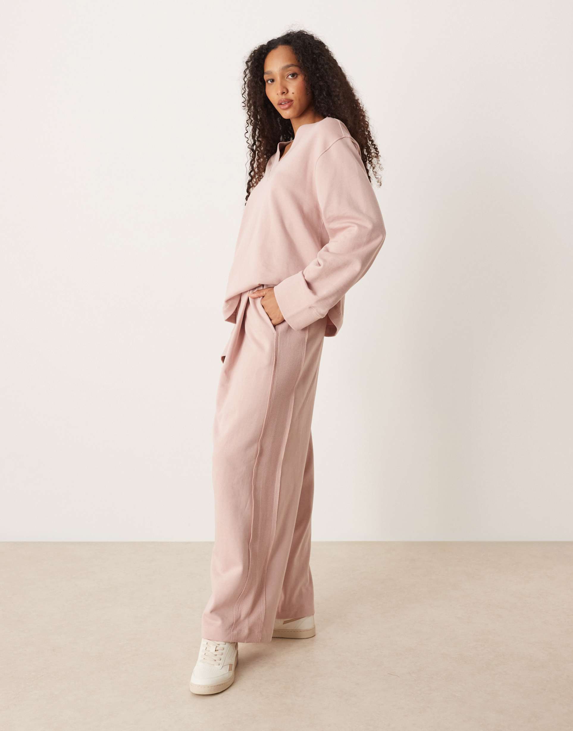 ASOS DESIGN co-ord wide leg jogger with waffle panel detail in pink