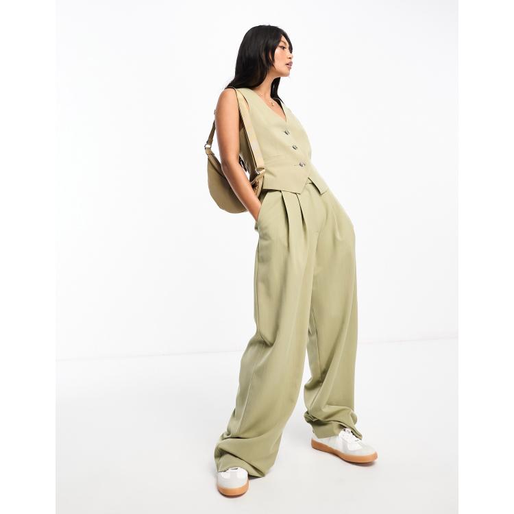 ASOS DESIGN co-ord wide leg pleated trousers in khaki