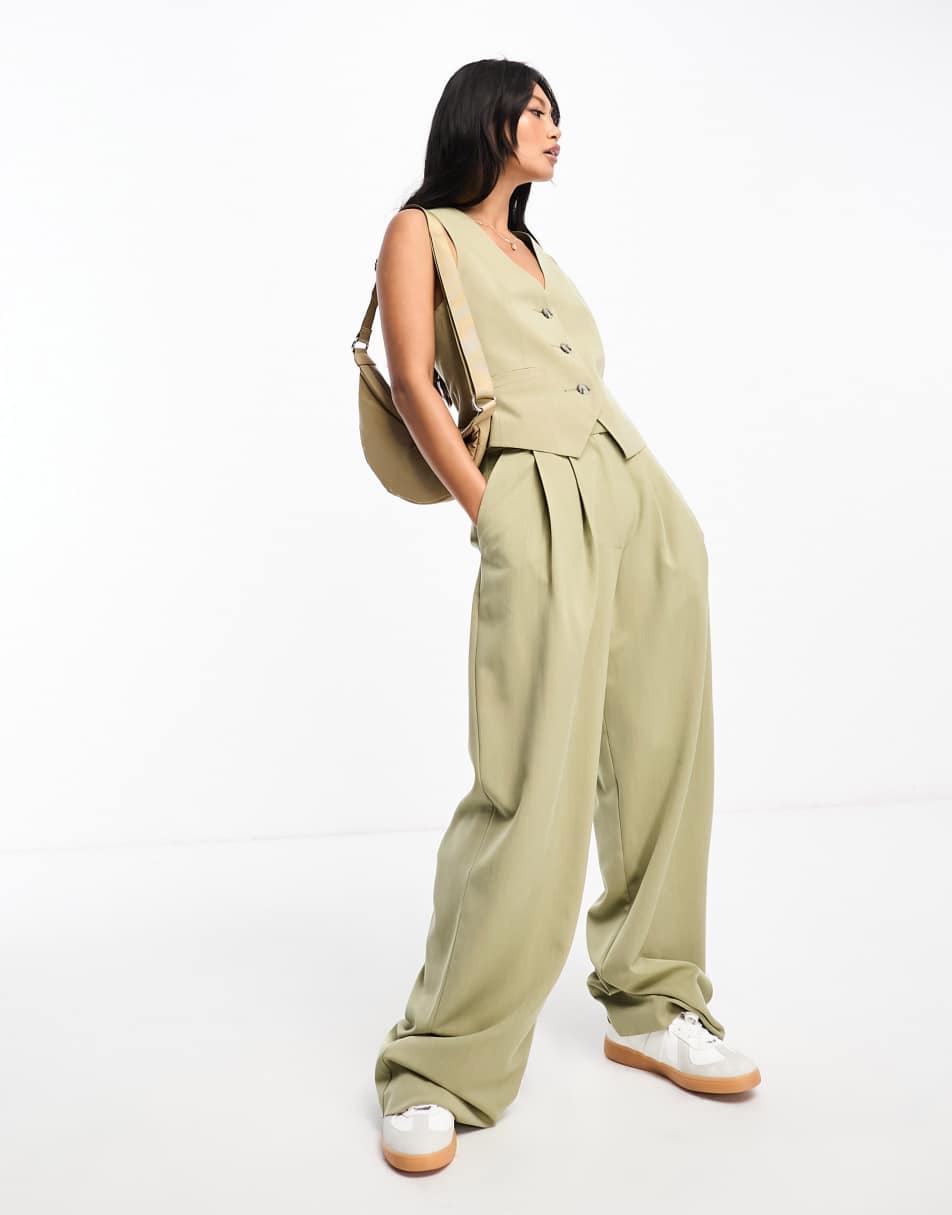 ASOS DESIGN co-ord wide leg pleated trousers in khaki