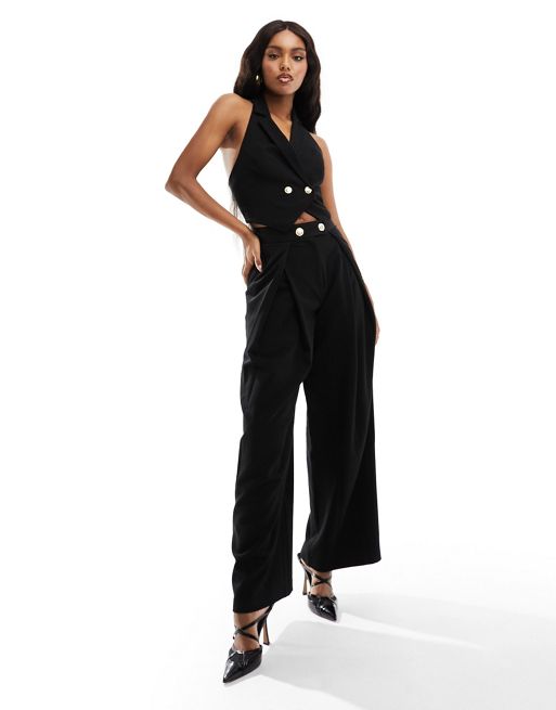 ASOS DESIGN co-ord wide leg trousers with gold buttons in black | ASOS