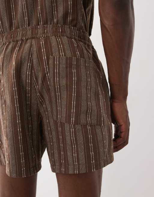ASOS DESIGN co-ord wide mid length elasticated short in brown stripe, 4 of 9