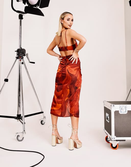 ASOS DESIGN co-ord wrap drape midi skirt in brown swirl print, 2 of 4