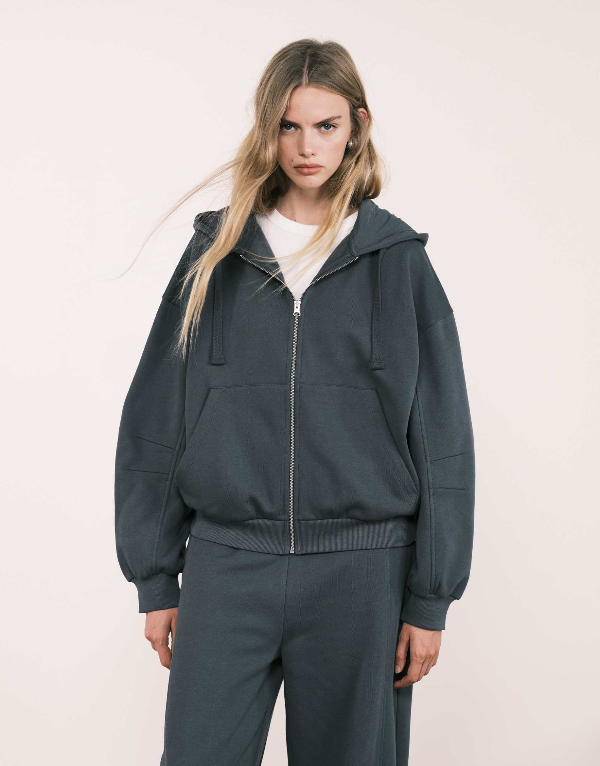 ASOS DESIGN co-ord zip through hoodie with balloon sleeve in charcoal