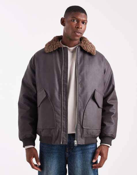 ASOS DESIGN coach jacket in faux leather with borg collar in brown - view 1
