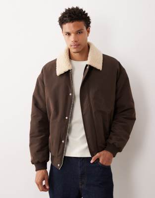 Asos Design Coach Jacket With Contrast Faux Shearling Collar In Brown