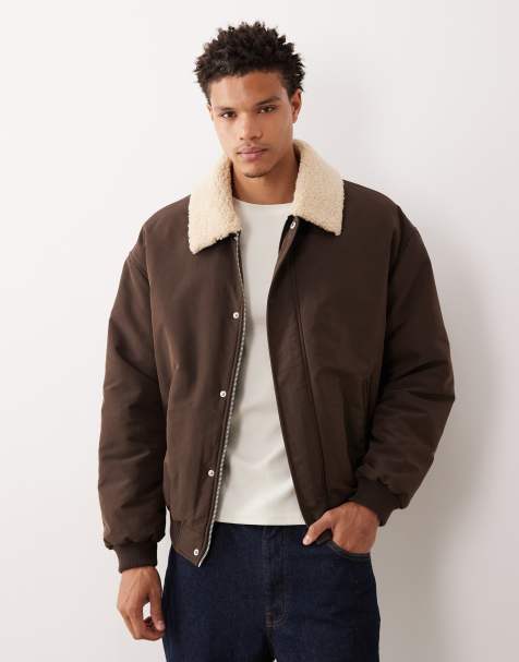 ASOS DESIGN coach jacket with contrast faux shearling collar in chocolate brown - view 1