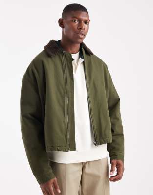 Asos Design Coach Jacket With Contrast Teddy Collar In Green