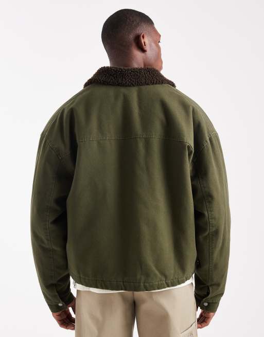 ASOS DESIGN coach jacket with contrast teddy collar in olive green