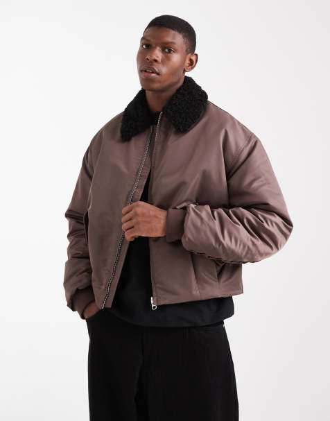 ASOS DESIGN coach jacket with faux fur collar in brown - view 1