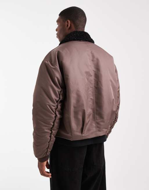 ASOS DESIGN coach jacket with faux fur collar in brown ASOS