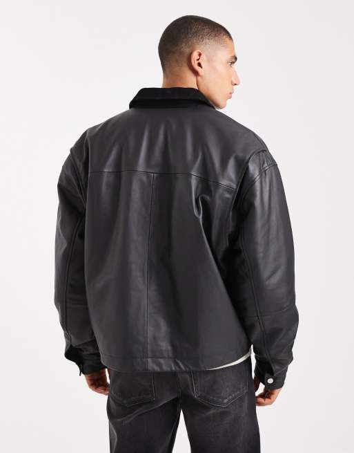 ASOS DESIGN - Coachjack van echt leer in zwart, 3 van 5