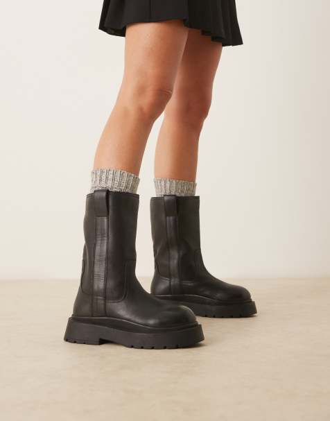 ASOS DESIGN Coast chunky pull on knee boots in black leather - view 1