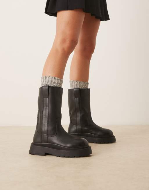 ASOS DESIGN Coast chunky pull on knee boots in black leather