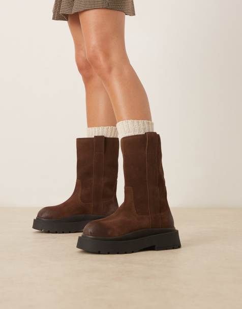 ASOS DESIGN Coast chunky pull on knee boots in chocolate suede - view 1