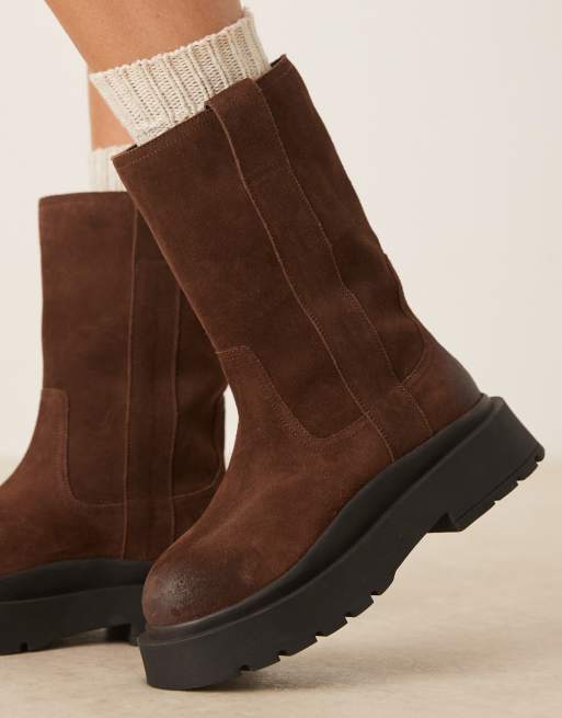 ASOS DESIGN Coast chunky pull-on knee boots in chocolate suede