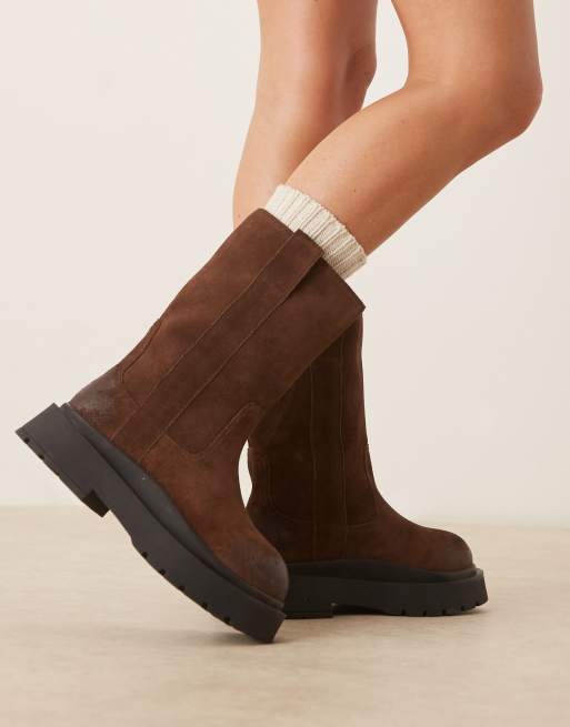 ASOS DESIGN Coast chunky pull-on knee boots in chocolate suede