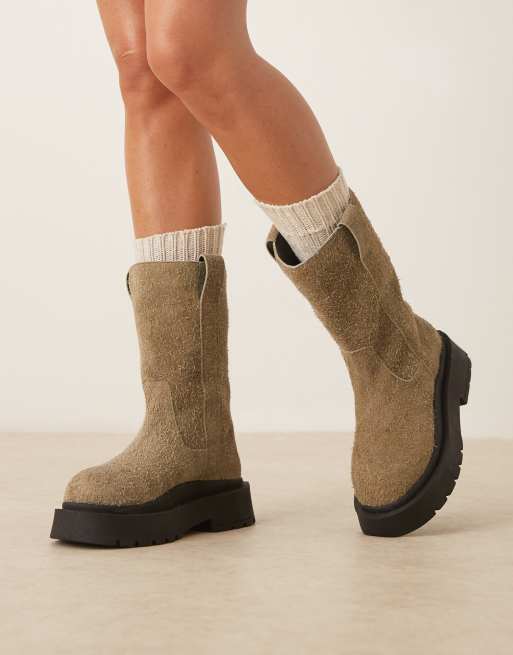 ASOS DESIGN Coast chunky pull on knee boots in olive brushed suede