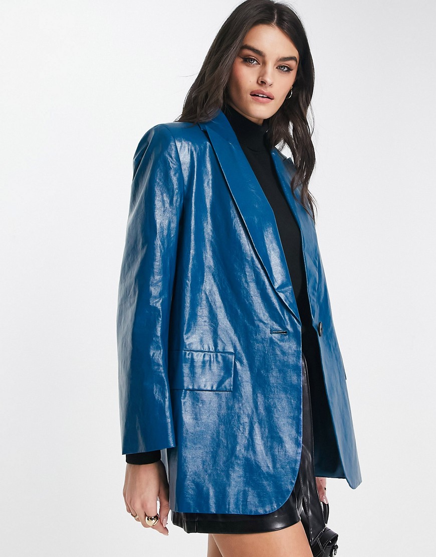 ASOS DESIGN coated canvas grandad coat in blue