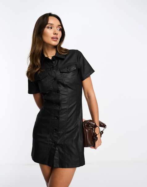 ASOS DESIGN coated denim short sleeve shirt dress in black - view 1