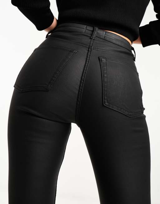 ASOS DESIGN skinny jeans with coated denim in black with biker detail