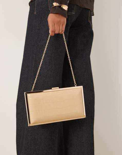 ASOS DESIGN coated  square frame clutch bag in cream croc - view 1