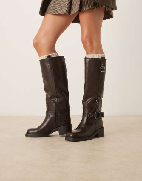 ASOS DESIGN Cobra buckle harness knee boots with silver hardware in burgundy - view 1