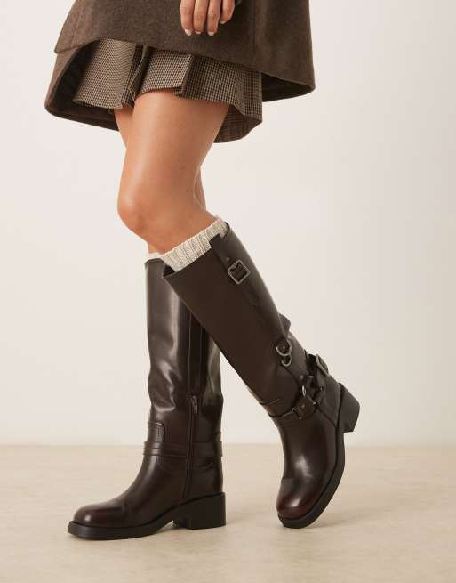 ASOS DESIGN Cobra buckle harness knee boots with silver hardware in burgundy