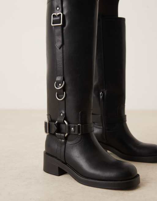 ASOS DESIGN Cobra buckle harness knee boots with silver hardware in black