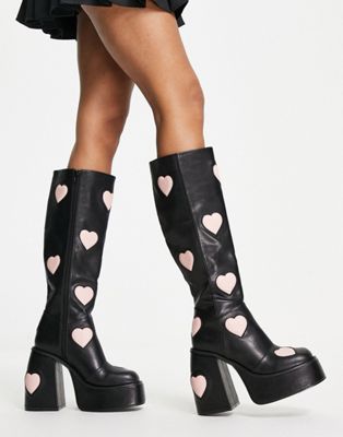 ASOS DESIGN Cobra chunky platform knee boots in black & heart print