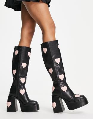 ASOS DESIGN Cobra chunky platform knee boots in black & heart print