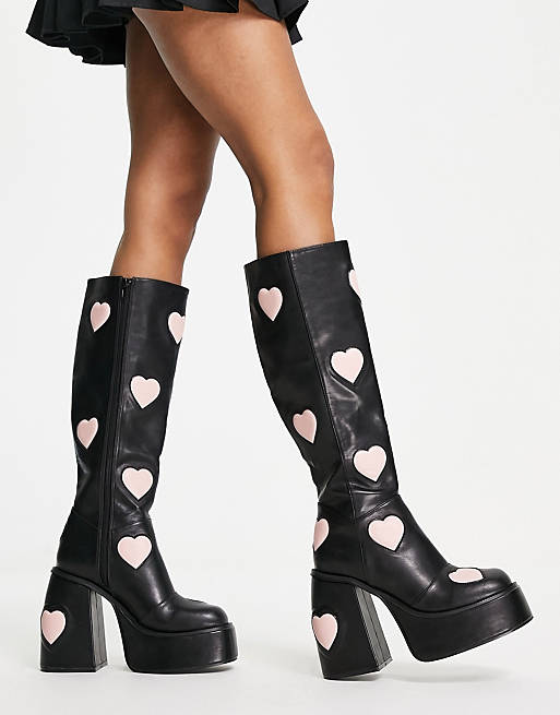 ASOS DESIGN Cobra chunky platform knee boots in black & heart print | ASOS
